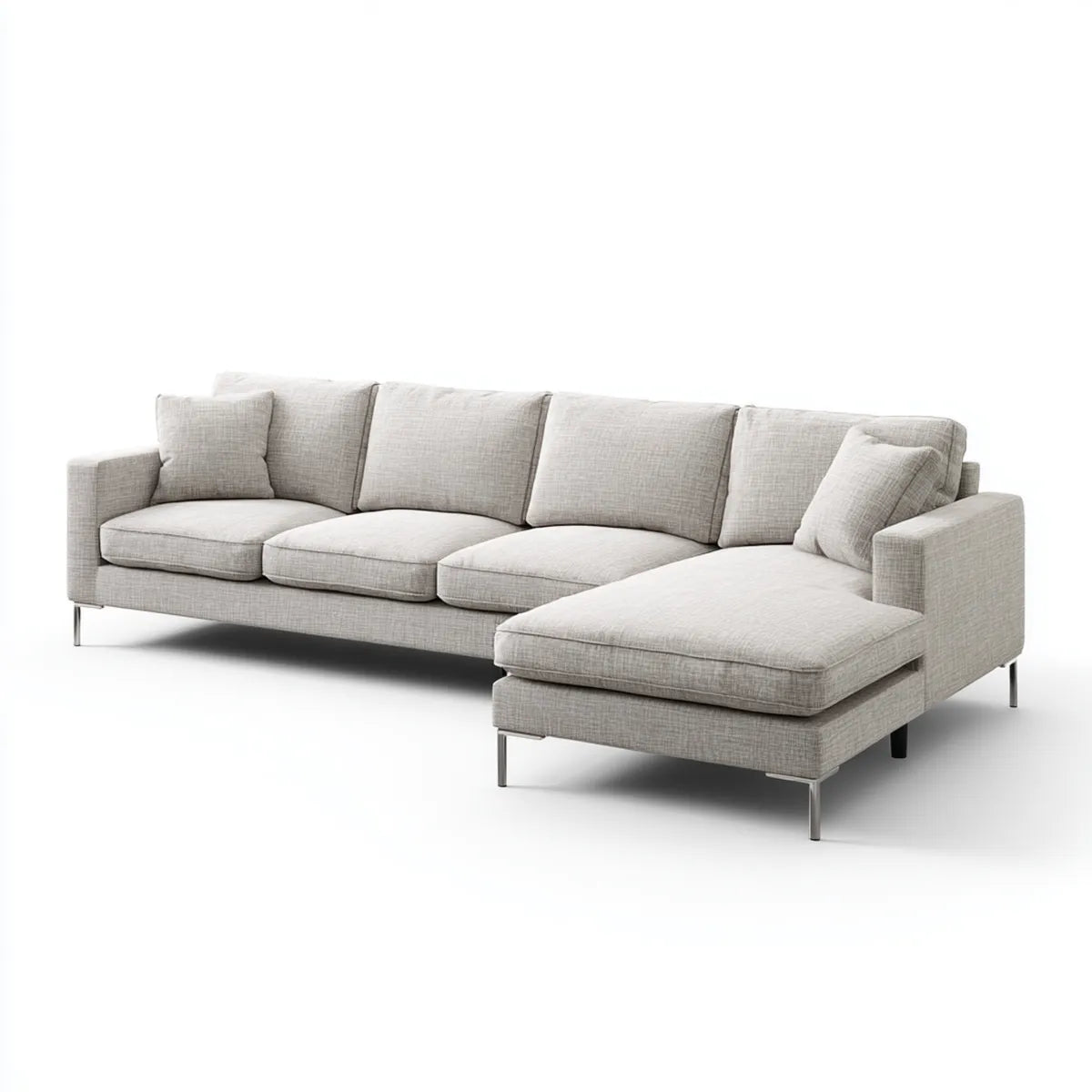 Sofa, 4 fotela w jasnoszarym poliestrze z prawej strony szezlong 280 x 160 x 85 cm