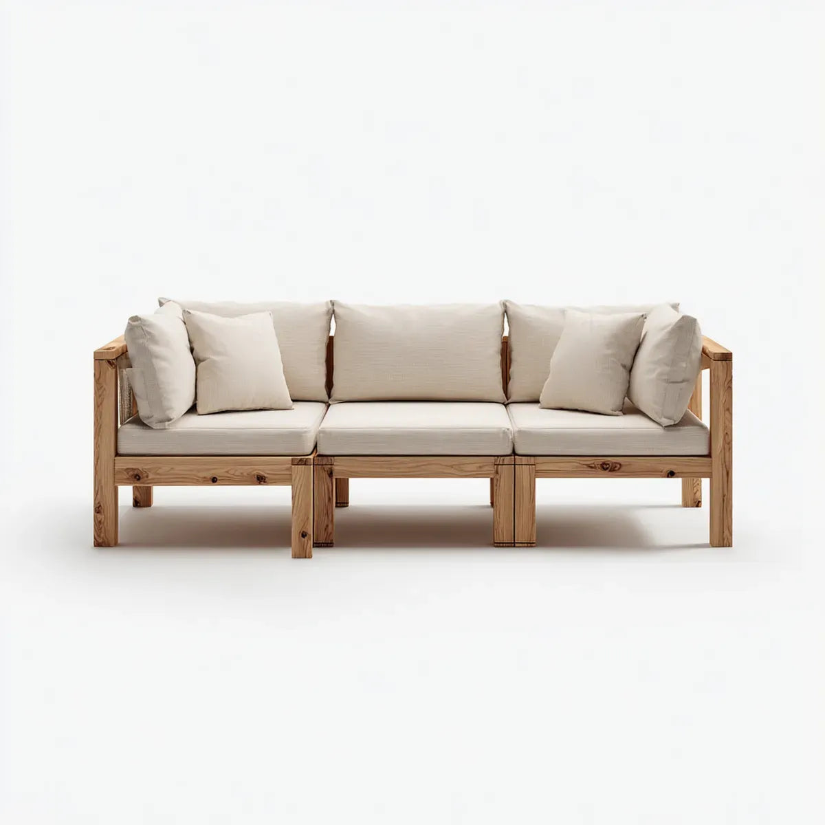 Sofa ogrodowa, 3 beżowe siedzenia 210 x 78 x 75 cm w litym drewnie z poduszek prostokątnych