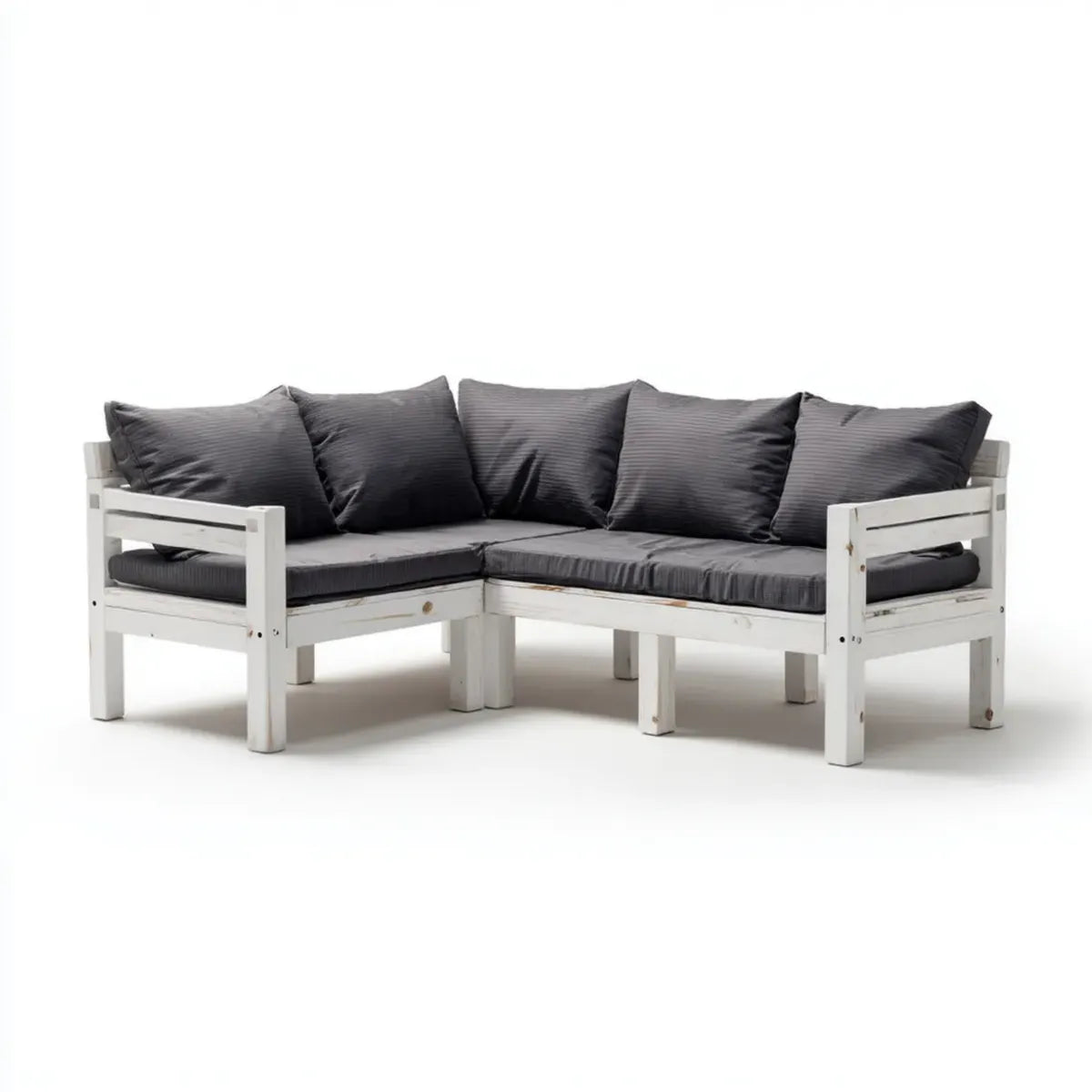 Sofa ogrodowa, Taras narożna sofa 4- fotelik biały szary z litego drewna sosnowego z poduszką poliestrową L kształt 220 x 220 x 70 cm