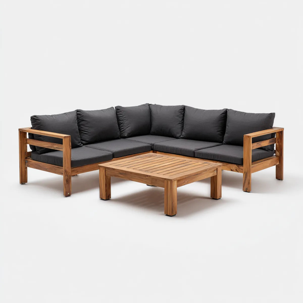 Sofa ogrodowa, Zestaw foteli ogrodowych 4 fotele z brązowym i czarnym stołem 210 x 210 x 68 cm w akacji litego drewna
