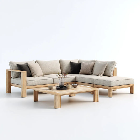 Sofa ogrodowa, Zestaw narożnej sofy ogrodowej z beżowym stołem 250 x 180 x 75 cm w litej akacji i poliestrowym kształcie L