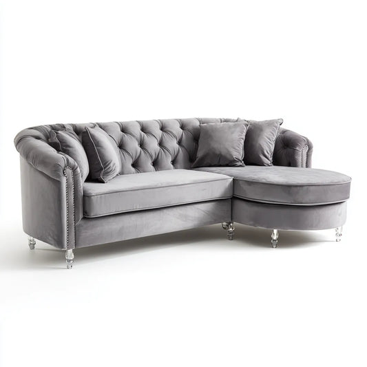 Sofa, Chesterfield narożna sofa z szezlongiem szarym 240 x 160 x 80 cm poliestrowy aksamit