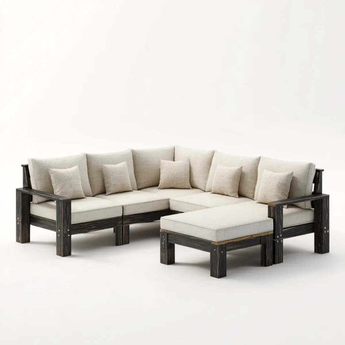 Sofa ogrodowa, Ustaw narożną sofę ogrodową 4 kawałki beżu i czarnego w litej akacji i poliester 260 x 190 x 75 cm z ottomanem 90 x 70 x 42 cm