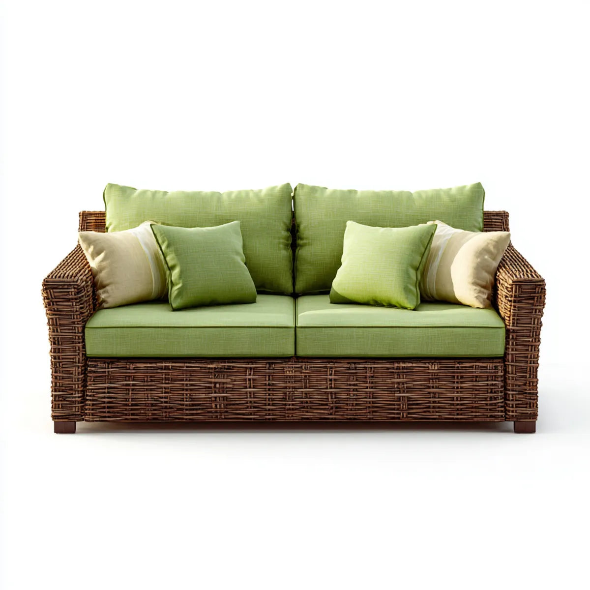 Sofa ogrodowa, Tapczan ogrodowy 2 brązowe i zielone miejsca w naturalnym rattanie z poduszkami 160 x 85 x 85 cm