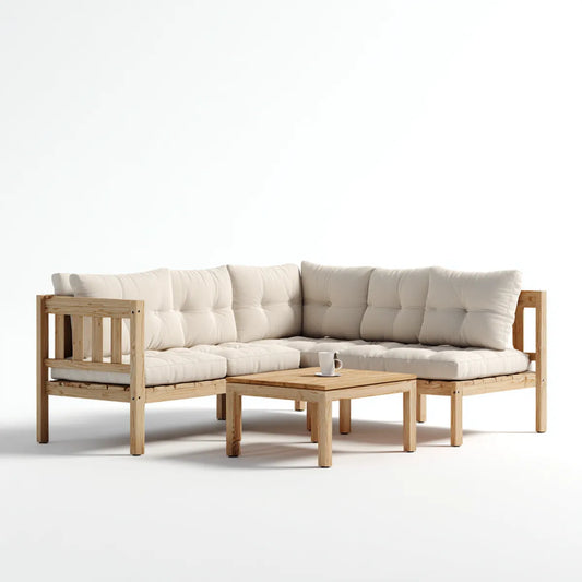 Sofa ogrodowa, Zestaw beżowej, kątowej sofy ogrodowej w litym drewnie z drewna akacjowego z tabelą 220 x 80 x 70 cm
