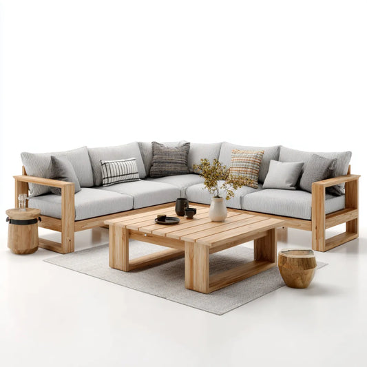 Sofa ogrodowa, Zestaw narożnik ogrodowy sofa 5 fotele szare w litym drewna acacia z tabeli 260 x 260 cm