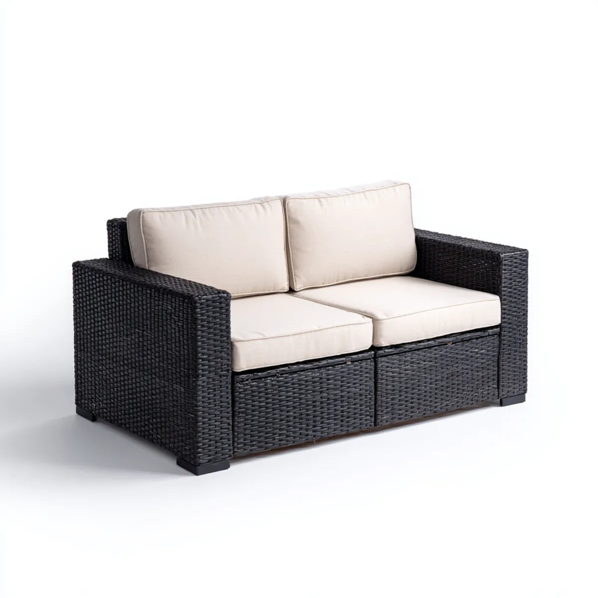 Sofa ogrodowa, Tapczan ogrodowy 2 czarne siedzenia z beżowymi poduszkami rattanowymi PE 130 x 70 x 75 cm prostokątne