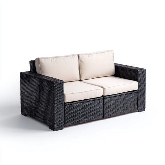 Sofa ogrodowa, Tapczan ogrodowy 2 czarne siedzenia z beżowymi poduszkami rattanowymi PE 130 x 70 x 75 cm prostokątne
